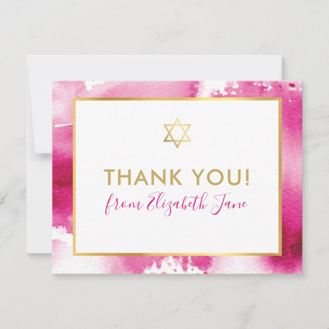 Cartão De Agradecimento BAR MITZVAH obrigado estrela dourada aquarela rosa (Frente)