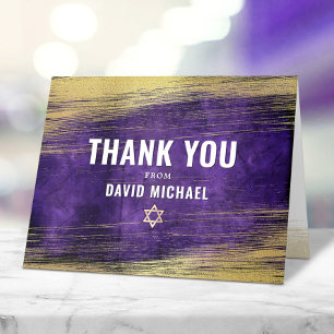 Cartão De Agradecimento Bar Mitzvah Roxo Moderno com Folha de Ouro Aquarel