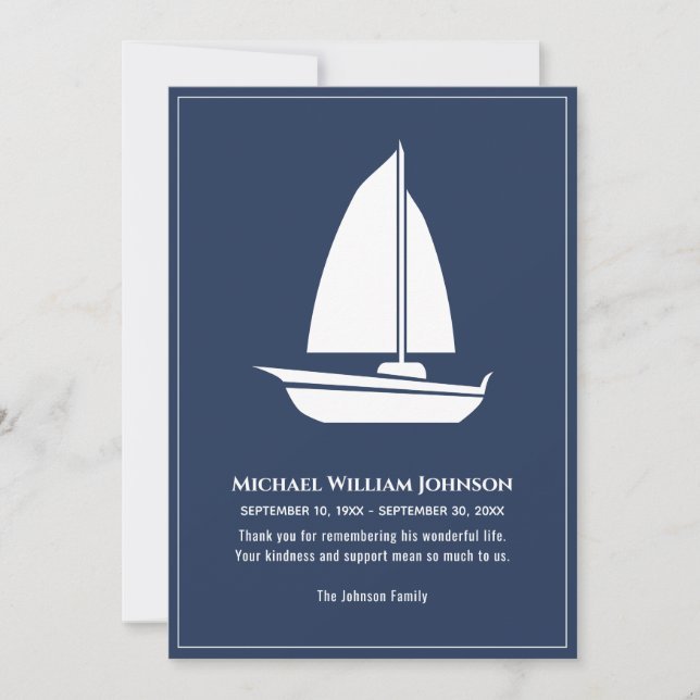 Cartão De Agradecimento Barco à Vela Embarcação Náutica Azul Branco Funera (Frente)