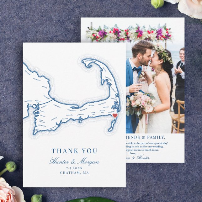 Cartão De Agradecimento Bares Chatham Na Foto De Casamento De Cape Cod (Chatham Bars Inn Thank You Card with wedding photo in elegant navy blue from Coastal Map Designs)