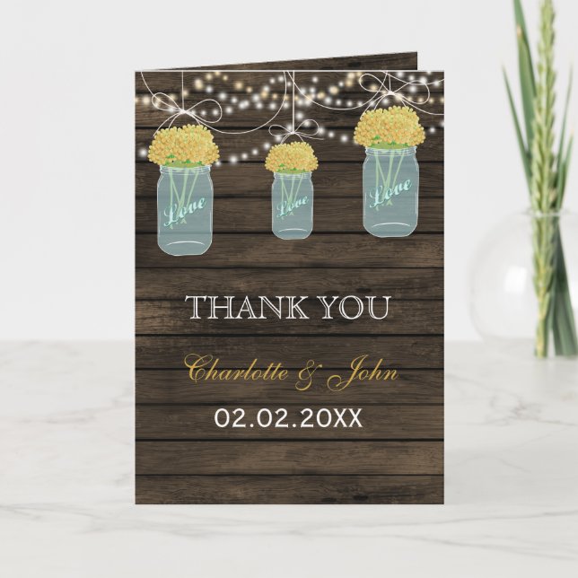 Cartão De Agradecimento Barnwood amarelo floral jars Obrigado (Frente)