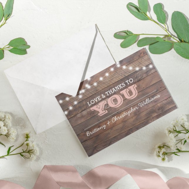 Cartão De Agradecimento Barnwood Lights Pink Wedding Thank You Note (Criador carregado)