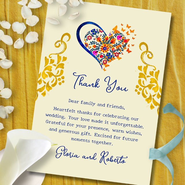 Cartão De Agradecimento Baroque Floral Heart & Gold Mexican Wedding  (Golden baroque scrolls frame a vivid floral heart—an elegant blend of color and gratitude.)