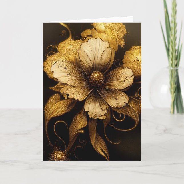 Cartão De Agradecimento Barroco Negro e Dourado Notecard Floral Elegante (Frente)