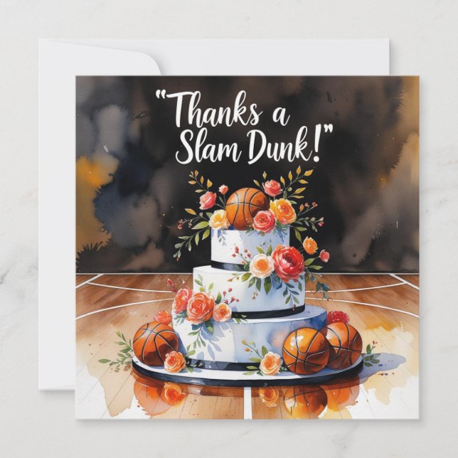 Cartão De Agradecimento Basquetebol com bolo e flores (Frente)