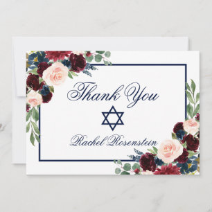 Cartão De Agradecimento Bastão Mitzvah Borgonha azul floral