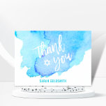 Cartão De Agradecimento Bat Bar Mitzvah Watercolor Turquoise Blue<br><div class="desc">Say thank you to your guests with these beautiful watercolor Bar Mitzvah thank you cards.  White letters with star of David in middle.  Watercolor blue,  turquoise colors.  Blank cards,  room to write personal message.  Get matching collection!</div>