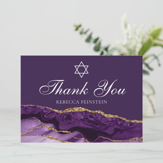 Cartão De Agradecimento Bat Dourado roxo Mitzvah Star de David Personaliza (Em pé/Frente)