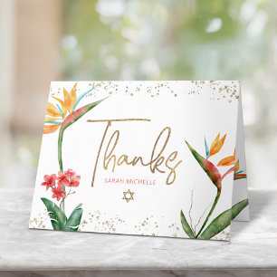 Cartão De Agradecimento Bat Mitzvah Aquarela Tropical Floral Rótulo Dourad