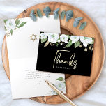 Cartão De Agradecimento Bat Mitzvah Black Dourado Script Watercolor Floral<br><div class="desc">Certifique-se de que o seu Bat Mitzvah favorito mostre o seu apreço a todos os que apoiaram o seu evento principal! Envie este sofisticado e personalizado cartões de agradecimentos! Uma aquarela floral chica, atordoante, branca e dourada com falso guião de folha de ouro e serifa branca sobrepõe-se a um fundo...</div>