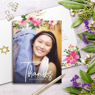 Cartão De Agradecimento Bat Mitzvah Floral Aquarela Rótulo Personalizado F