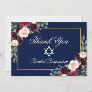 Cartão De Agradecimento Bat Mitzvah Floral Borgonha Azul Dourado