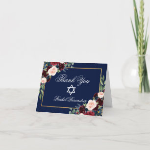 Cartão De Agradecimento Bat Mitzvah Floral Burgundy Blue Gold Note