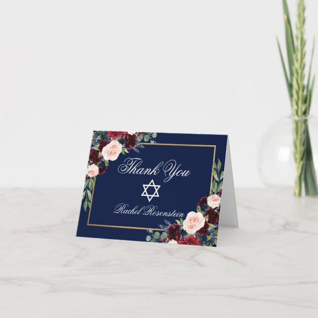 Cartão De Agradecimento Bat Mitzvah Floral Burgundy Blue Nota Dourada (Frente)