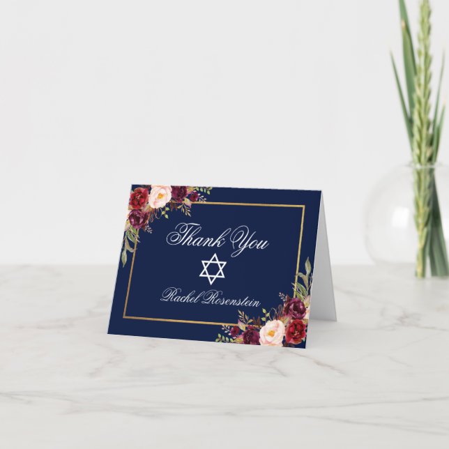 Cartão De Agradecimento Bat Mitzvah Floral Burgundy Gold Note (Frente)