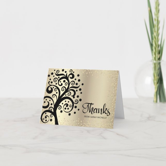 Cartão De Agradecimento Bat Mitzvah Gold Foil Black Tree of Life Script (Frente)