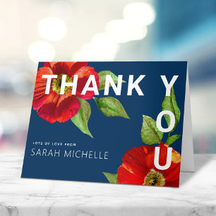 Cartão De Agradecimento Bat Mitzvah Marinho Moderno Blue Red Floral Waterc