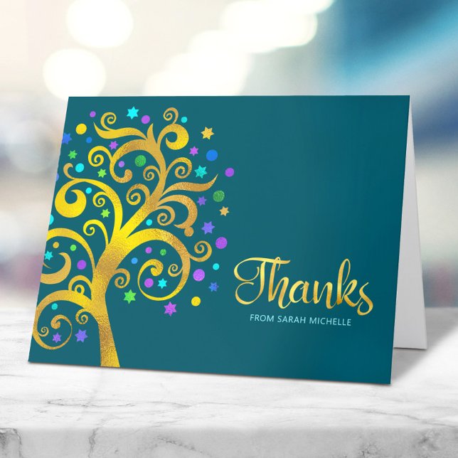 Cartão De Agradecimento Bat Mitzvah Modern Gold Foil Tree on Teal (Criador carregado)