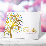Cartão De Agradecimento Bat Mitzvah Modern Purple Gold Tree da Vida<br><div class="desc">Certifique-se de que o seu Bat Mitzvah favorito mostre o seu apreço a todos os que apoiaram o seu evento principal! Envie este sofisticado e personalizado cartões de agradecimentos! Esta folha de ouro falso gráfica com tartaruga cintilante, chaleira, púrpura e azul Estrela de David e "folhas" de ponto sobre um...</div>