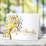 Cartão De Agradecimento Bat Mitzvah Moderno Teal e Árvore de Folha de Ouro<br><div class="desc">Certifique-se de que o seu Bat Mitzvah favorito mostre o seu apreço a todos os que apoiaram o seu evento principal! Envie este cartões de agradecimentos sofisticado e personalizado! Esta folha de ouro falso gráfica com tartaruga cintilante, chaleira, púrpura e azul Estrela de David e "folhas" de ponto sobre um...</div>