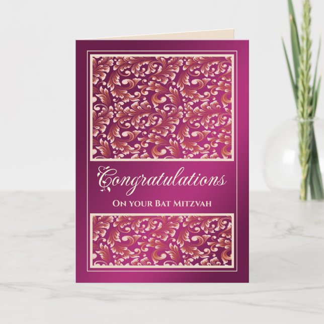 Cartão De Agradecimento Bat Mitzvah Parabéns Damask Plum Plum Pink Card (Frente)