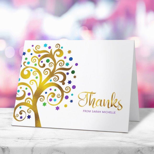 Cartão De Agradecimento Bat Mitzvah Purple Gold Foil Tree of Life Modern (Criador carregado)