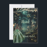 Cartão De Agradecimento Bat Mitzvah, um vestido verde da Floresta Encantad<br><div class="desc">Personalize esse encantador cartões de agradecimentos Bat Mitzvah fácil e rapidamente. Basta clicar no botão Editar usando ferramentas de Design para editar ainda mais o texto, alterar estilos de fonte e cores de fonte. Apresentando uma garota vestida com um vestido verde esmeralda e um fundo florestal encantado. As borboletas, a...</div>