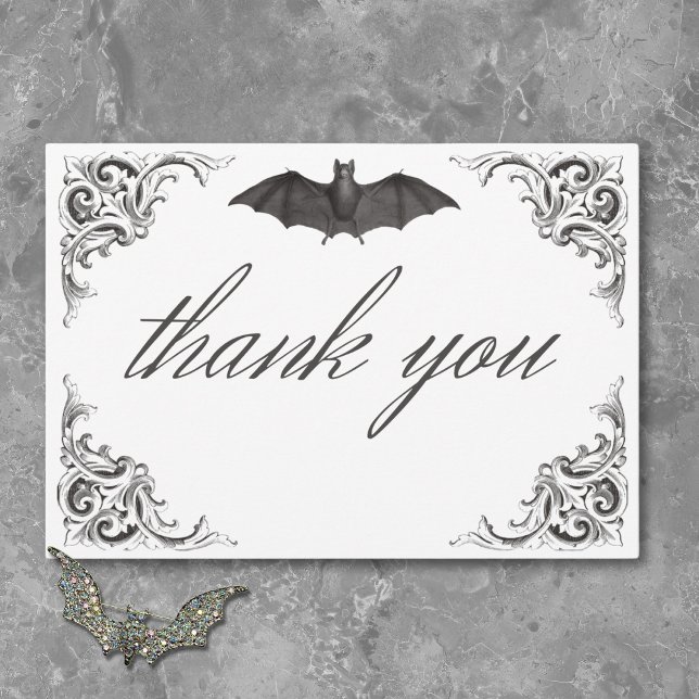 Cartão De Agradecimento Bat Vitoriano até Casamento Branco Negro Mortal (Victorian Bat Until Death Black White Wedding Thank You Card)