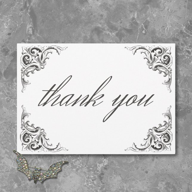 Cartão De Agradecimento Bat Vitoriano até Casamento Branco Negro Mortal (Victorian Bat Until Death Black White Wedding Thank You Card)