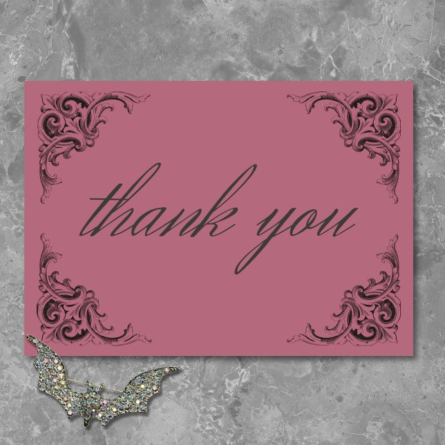 Cartão De Agradecimento Bat Vitoriano Até Casamento Negro e Vinho da Morte (Victorian Bat Until Death Black & Wine Wedding Thank You Card)