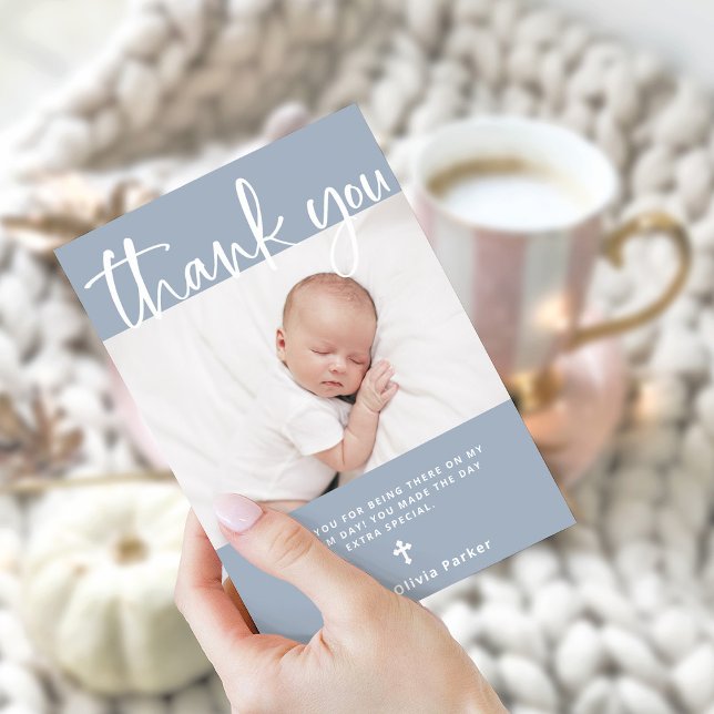 Cartão De Agradecimento Batismo | Azul mínimo simples com foto (A stylish and simple blue and white Baptism thank you card with photo)