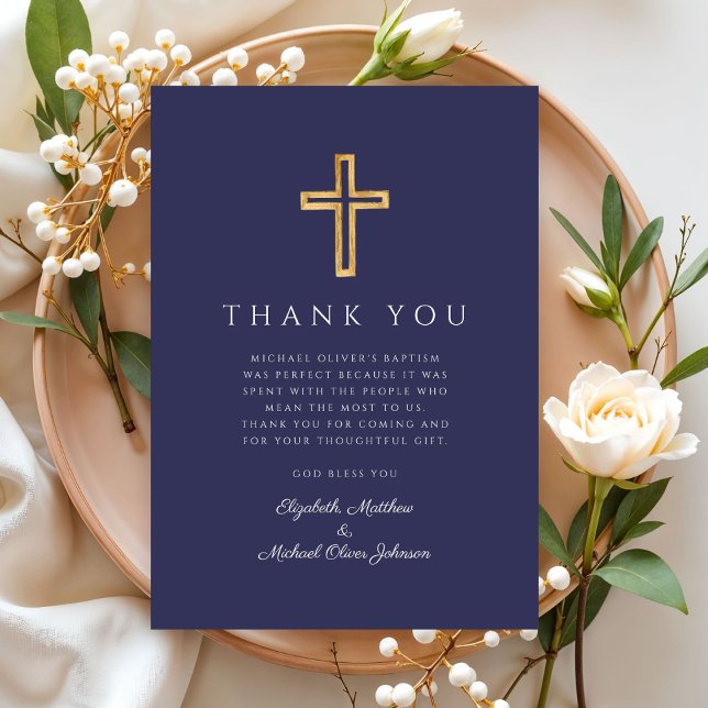 Cartão De Agradecimento Batismo Blue Cross Boy do Marinho Moderno (Modern Navy Blue Cross Boy Baptism Thank You Card)