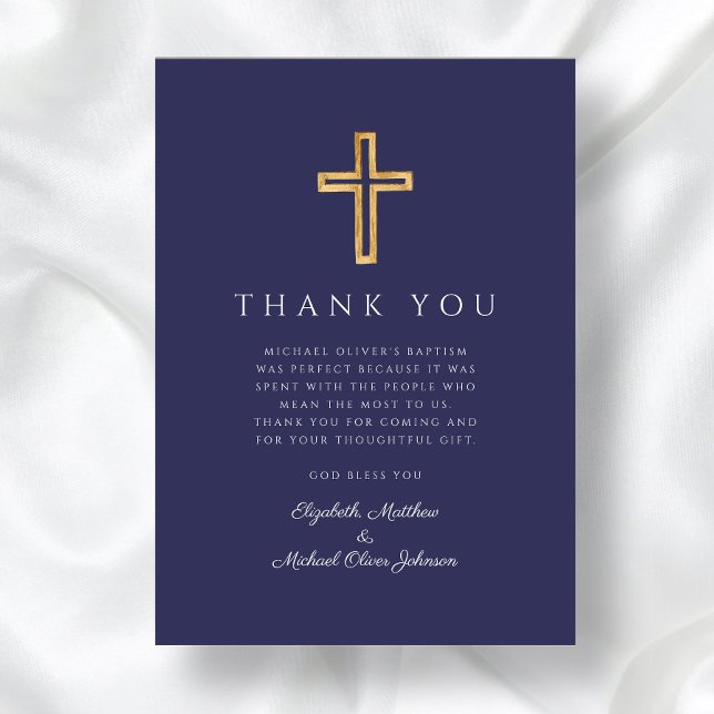 Cartão De Agradecimento Batismo Blue Cross Boy do Marinho Moderno (Modern Navy Blue Cross Boy Baptism Thank You Card)