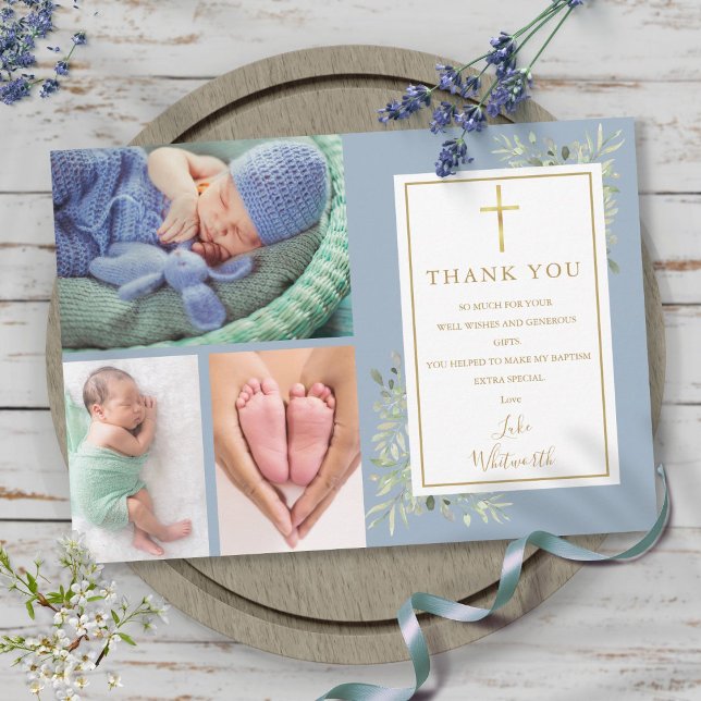 Cartão De Agradecimento Batismo Christening Greenery 3 Foto Dusty Blue (Baptism Christening Greenery 3 Photo Dusty Blue Thank You Card)