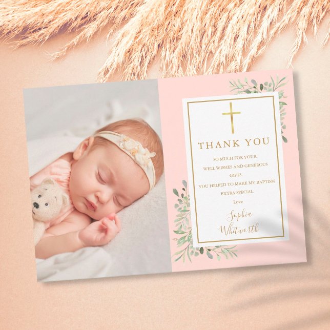 Cartão De Agradecimento Batismo Christening Greenery Blush Foto Rosa (Criador carregado)