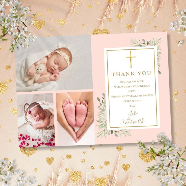 Cartão De Agradecimento Batismo Christening Greenery Blush Foto Rosa 3 (Baptism Christening Greenery Blush Pink 3 Photo Thank You Card)