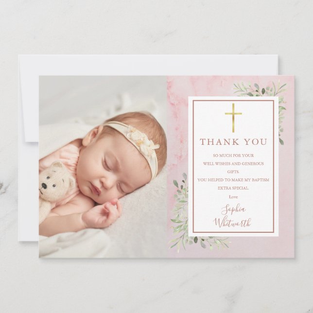 Cartão De Agradecimento Batismo Christening Greenery Pink Marble Foto (Frente)