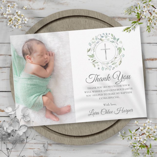 Cartão De Agradecimento Batismo, Christening Laurel Foto Floral (Baptism, Christening Laurel Floral Photo Thank You Card)