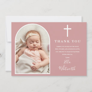 Cartão De Agradecimento Batismo cor-de-rosa com foto de arco elegante