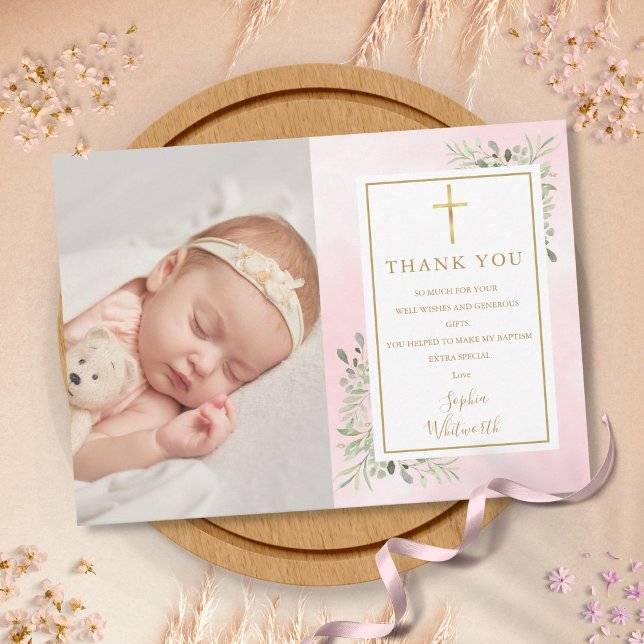 Cartão De Agradecimento Batismo Cristã Vegetação Foto Rosa Aquarela (Baptism Christening Greenery Photo Pink Watercolor Thank You Card)