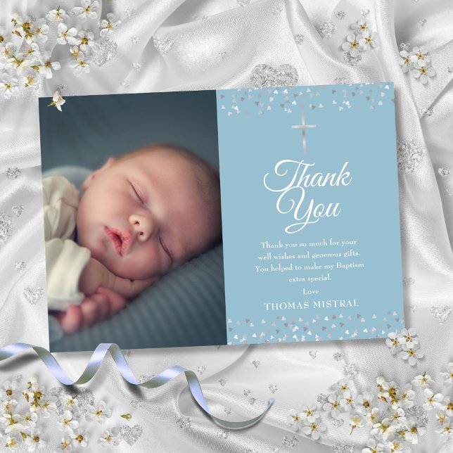 Cartão De Agradecimento Batismo Cristão Corações de Prata Foto (Baptism Christening Silver Hearts Photo Thank You Card)