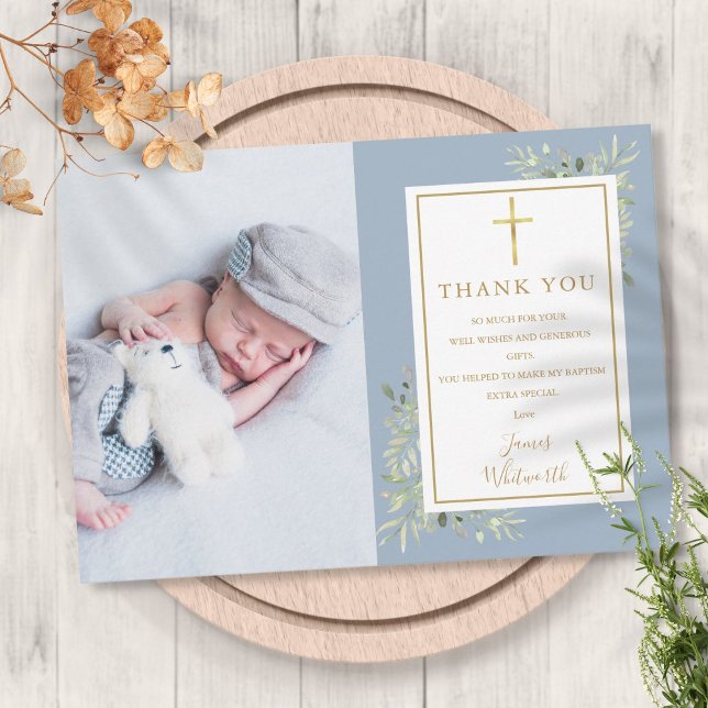 Cartão De Agradecimento Batismo Cristão Folhagem Foto Menino Azul (Baptism Christening Greenery Photo Blue Boy Thank You Card)