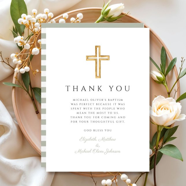 Cartão De Agradecimento Batismo da Cruz Verde Elegante (Elegant Sage Green Cross Baptism Thank You Card)