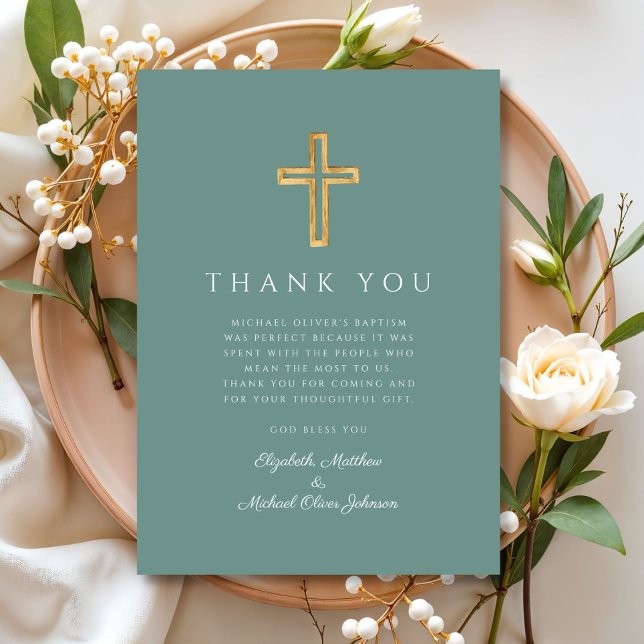 Cartão De Agradecimento Batismo da Cruz Verde Moderna (Modern Green Cross Baptism Thank You Card)