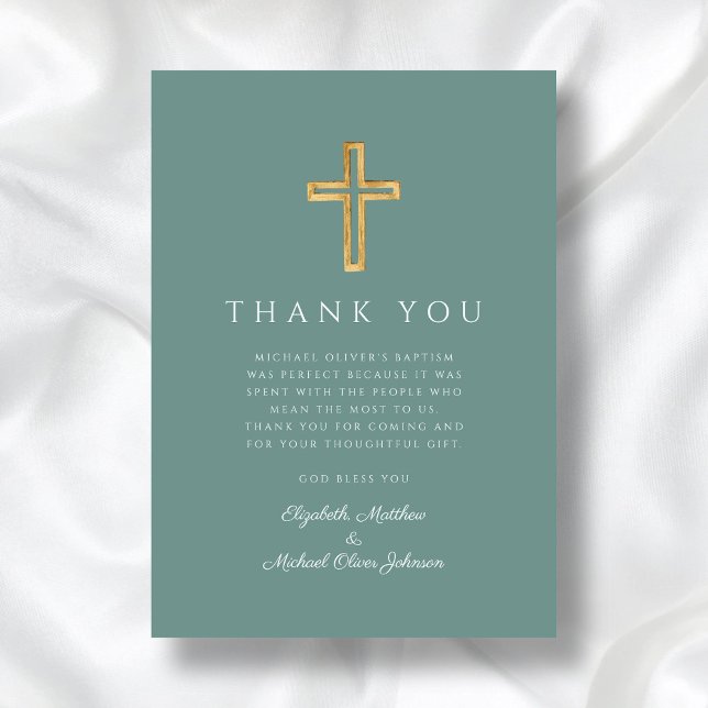 Cartão De Agradecimento Batismo da Cruz Verde Moderna (Modern Green Cross Baptism Thank You Card)