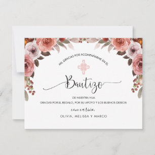 Cartão De Agradecimento Batismo da menina Floral Rosa Espanhola Obrigado