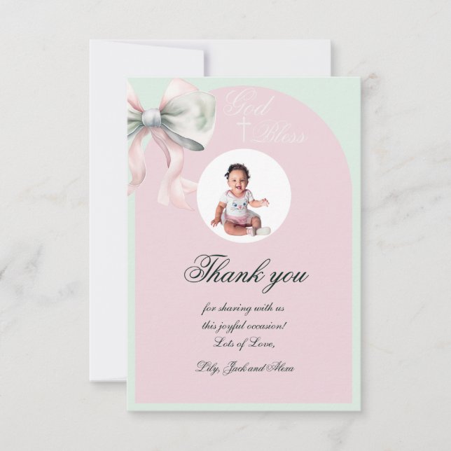 Cartão De Agradecimento Batismo de Arco Rosa Elegante para Menina (Frente)