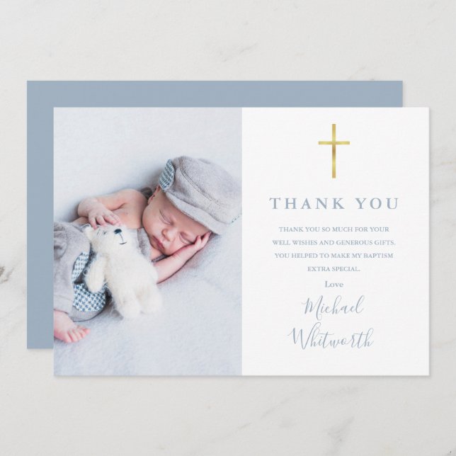 Cartão De Agradecimento Batismo de Assinatura de Foto Elegante Azul Dusty (Frente/Verso)