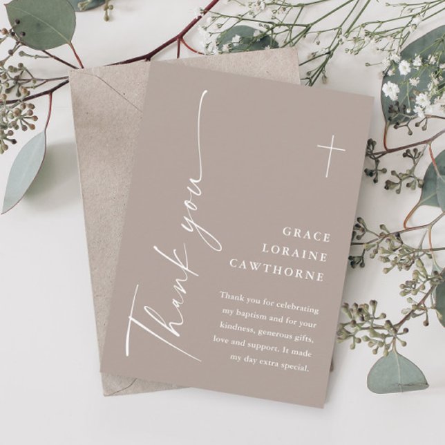 Cartão De Agradecimento Batismo de Boho, Script Elegante Moderno (Modern script tan baptism thank you cards.)