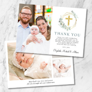 Cartão De Agradecimento Batismo de Colagem Fotográfica Elegante Dourada Cr